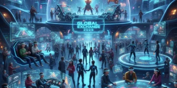 Diverse gamers interacting with futuristic gaming technology, representing the 2026 gaming market landscape.