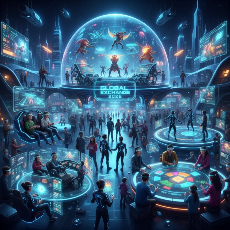 Diverse gamers interacting with futuristic gaming technology, representing the 2026 gaming market landscape.