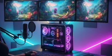 Professional gamer streaming in 4K 60fps with advanced setup, multiple monitors, and high-quality peripherals.