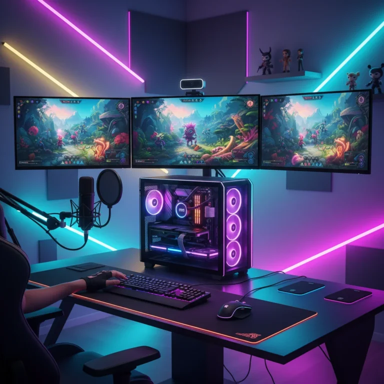 Professional gamer streaming in 4K 60fps with advanced setup, multiple monitors, and high-quality peripherals.