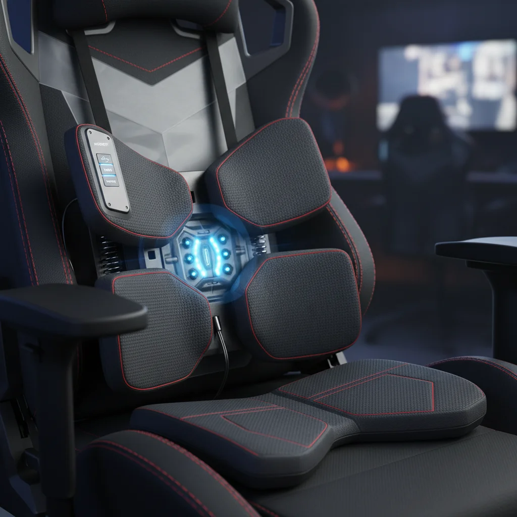 Detail of advanced adjustable lumbar support and integrated massage features on a modern ergonomic gaming chair.