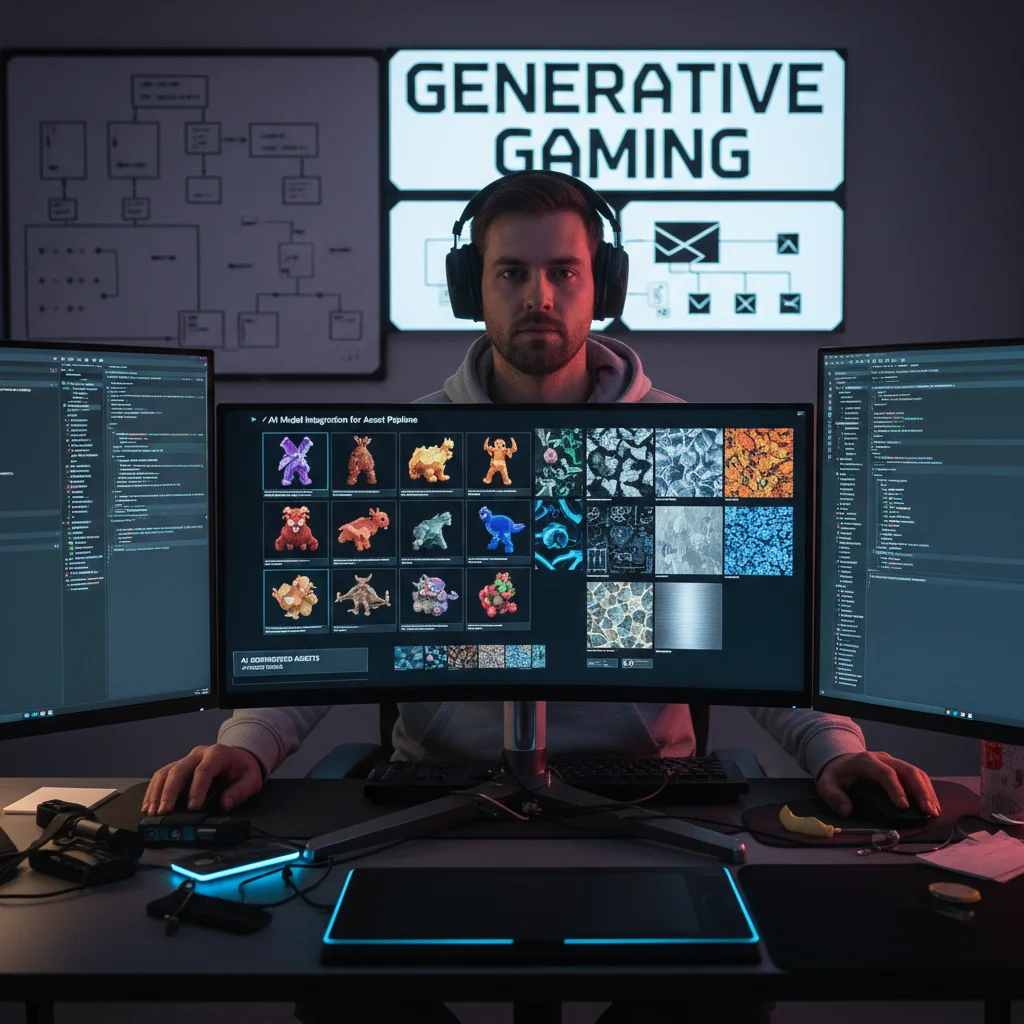 Game developer using AI for generating 3D models and textures, illustrating AI-powered content creation.