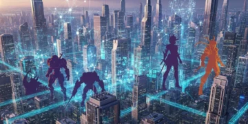 Futuristic cityscape with digital lines and game character silhouettes, symbolising AI's impact on US game development.