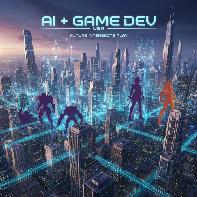 Futuristic cityscape with digital lines and game character silhouettes, symbolising AI's impact on US game development.