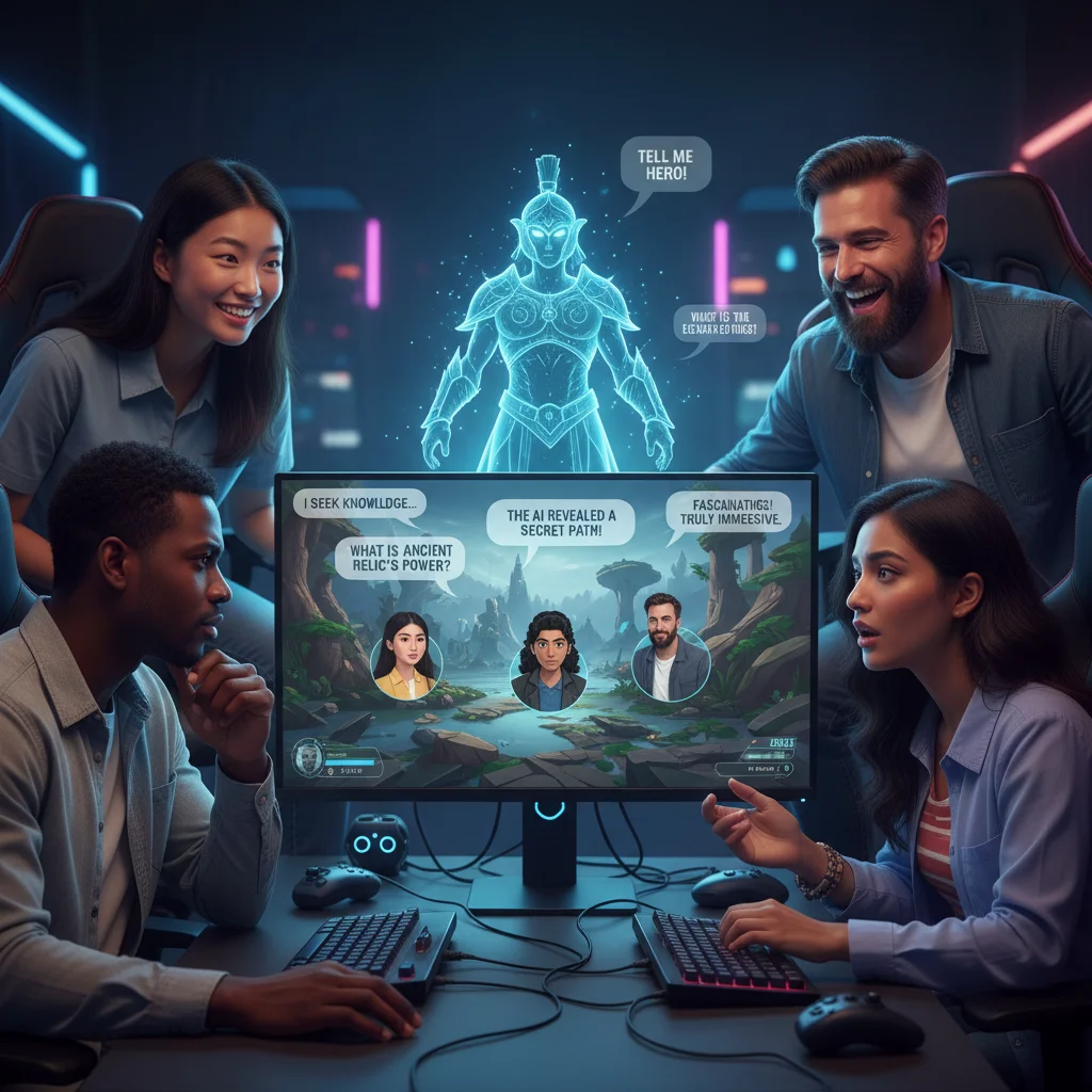 Gamers interacting with AI-powered NPC in a virtual world, demonstrating enhanced player immersion and dynamic conversations.