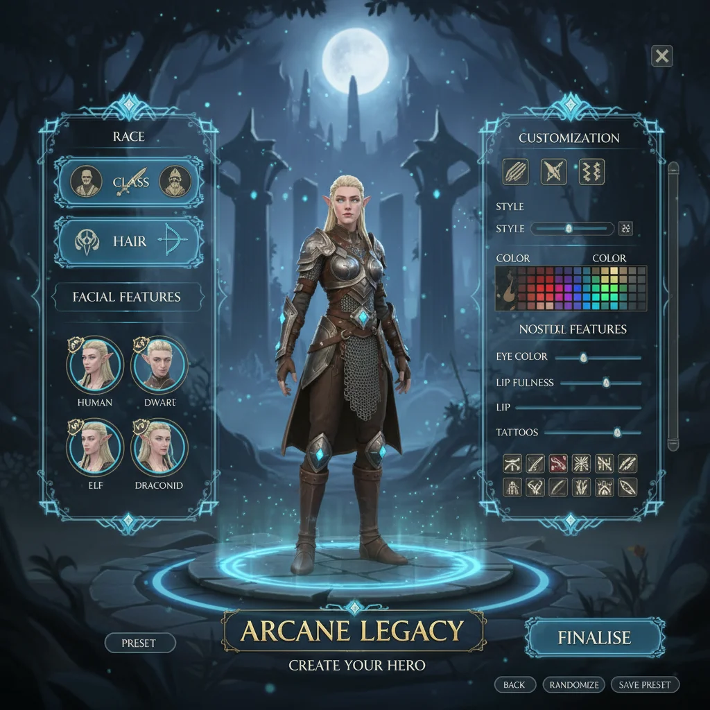 Arcane Legacy character creation interface with extensive customisation options.
