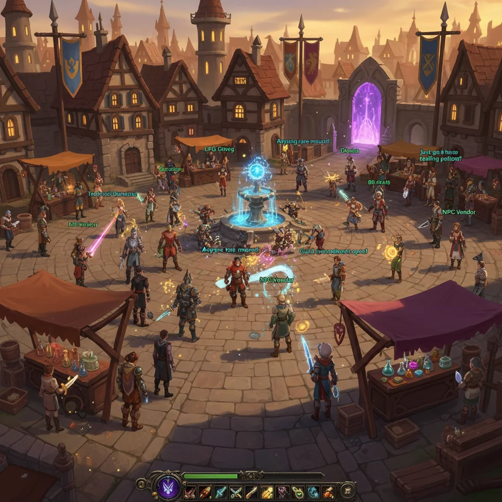 Vibrant Arcane Legacy town square with players socialising and trading.