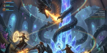 Epic battle scene in Arcane Legacy MMORPG with diverse character classes fighting a dragon.