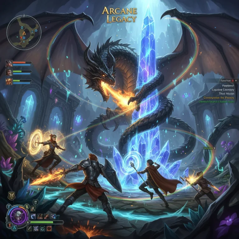 Epic battle scene in Arcane Legacy MMORPG with diverse character classes fighting a dragon.