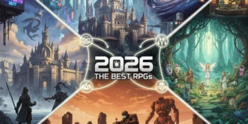 Dynamic collage of diverse RPG game worlds and characters, representing the top 5 must-play RPGs of 2026 for US gamers.