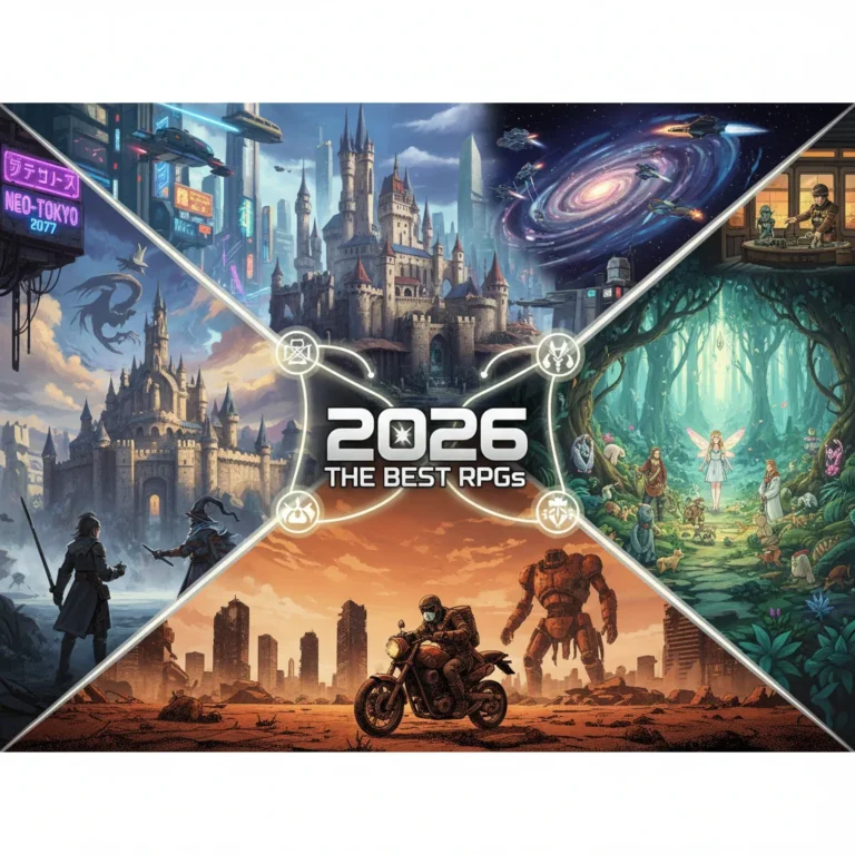 Dynamic collage of diverse RPG game worlds and characters, representing the top 5 must-play RPGs of 2026 for US gamers.