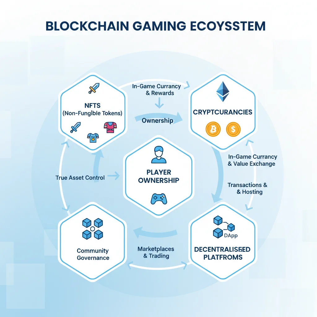 Infographic showing blockchain gaming ecosystem components: NFTs, crypto, platforms, ownership
