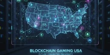 Futuristic blockchain gaming interface with US map overlay, symbolising market growth