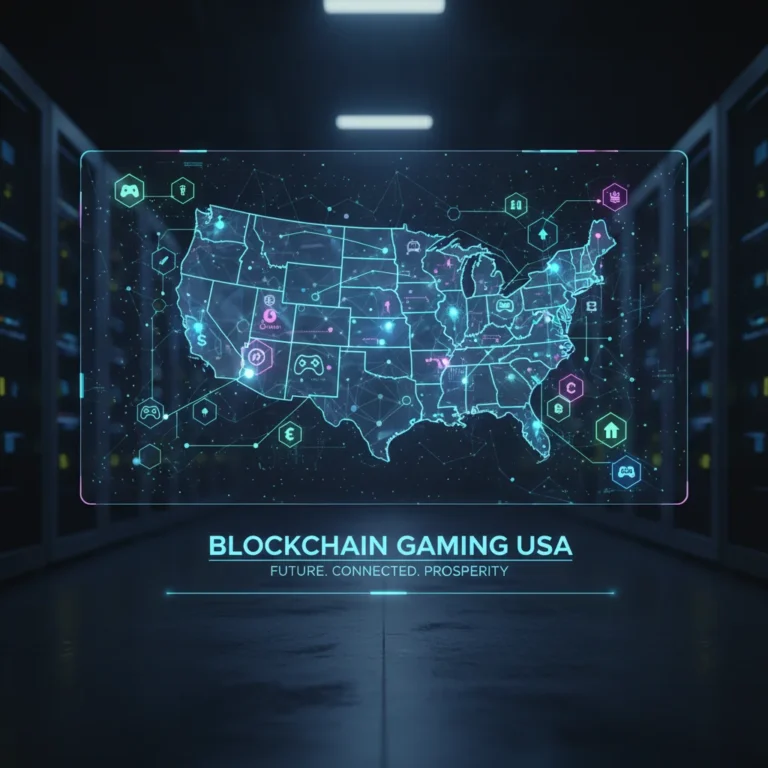 Futuristic blockchain gaming interface with US map overlay, symbolising market growth