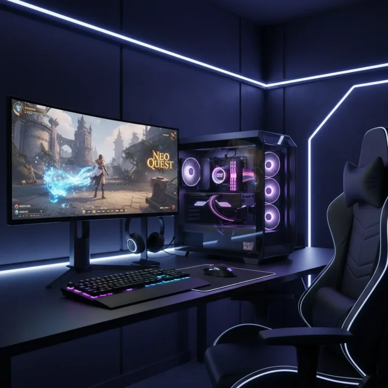 Modern budget gaming PC setup with vibrant RGB lighting and high-performance display.