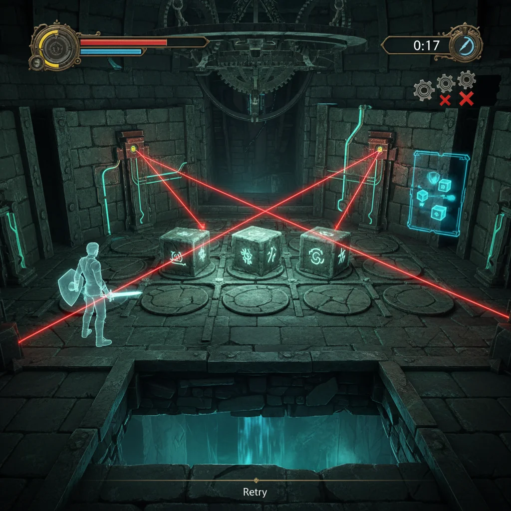 Chronos environmental puzzle with movable blocks and laser beams in a futuristic setting.
