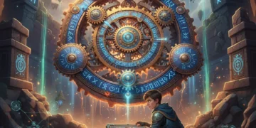 Chronos game character observing complex glowing puzzle mechanics in an ancient ruin.