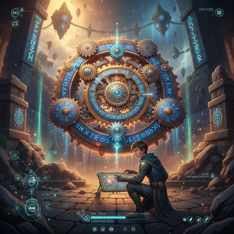 Chronos game character observing complex glowing puzzle mechanics in an ancient ruin.