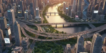 Panoramic view of a modern, diverse virtual city built in Cityscape Tycoon 2026, featuring various districts and infrastructure.