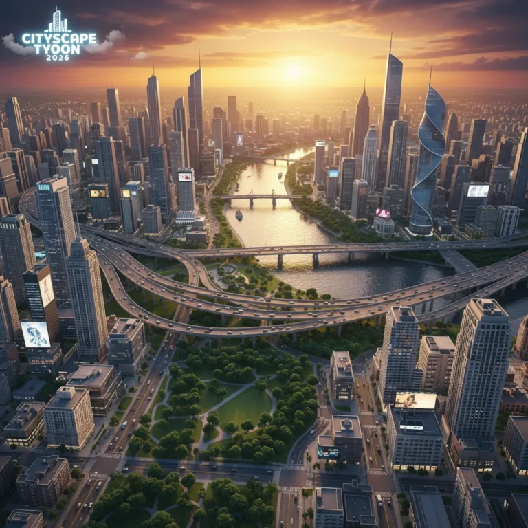 Panoramic view of a modern, diverse virtual city built in Cityscape Tycoon 2026, featuring various districts and infrastructure.