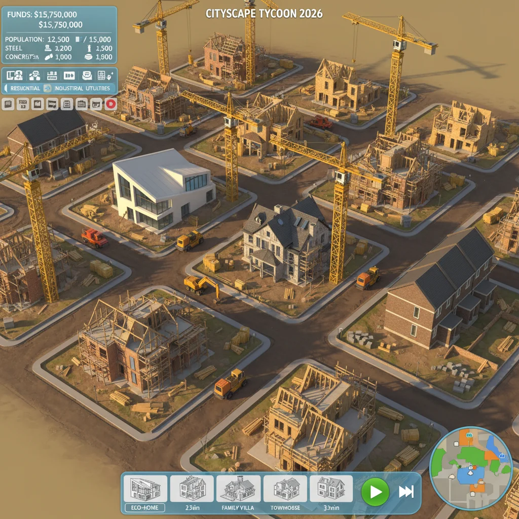 In-game view of a residential construction zone in Cityscape Tycoon 2026 with active building projects and resource indicators.