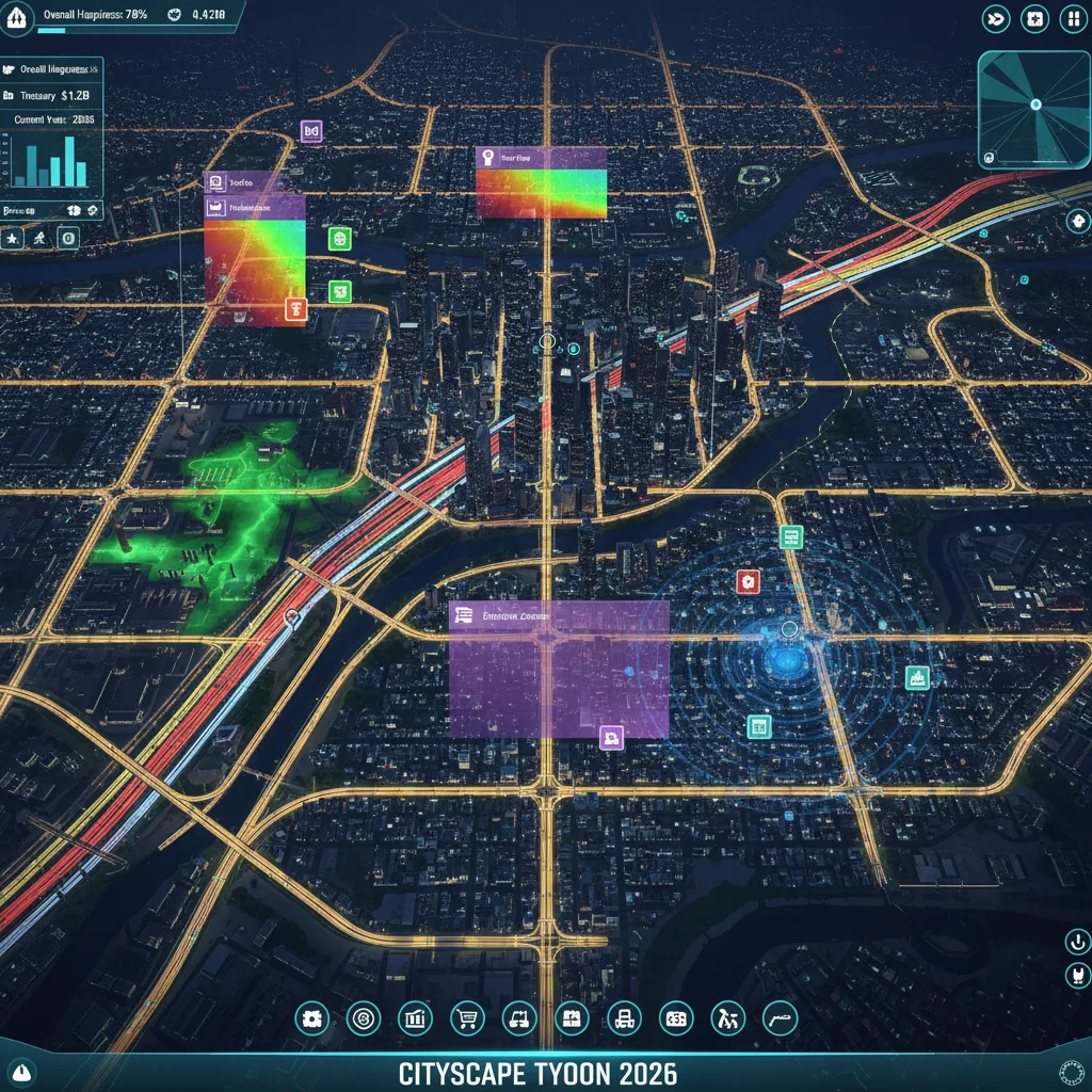 Strategic overlay map in Cityscape Tycoon 2026 showing detailed urban data like traffic, pollution, and service coverage.