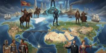 Strategic leaders overlooking a world map in Civilization: New Era, representing global dominion and historical progression.