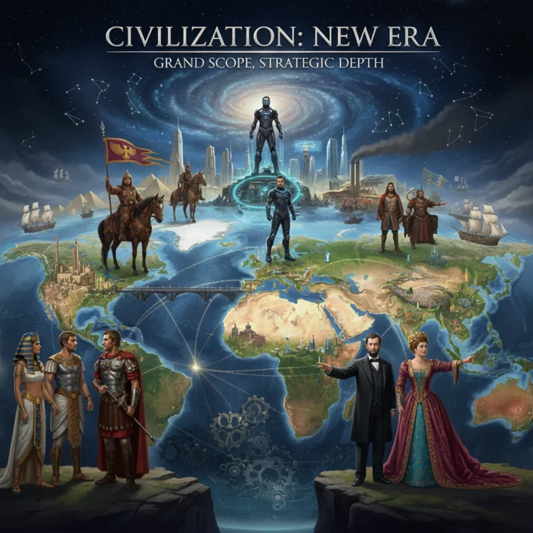 Strategic leaders overlooking a world map in Civilization: New Era, representing global dominion and historical progression.