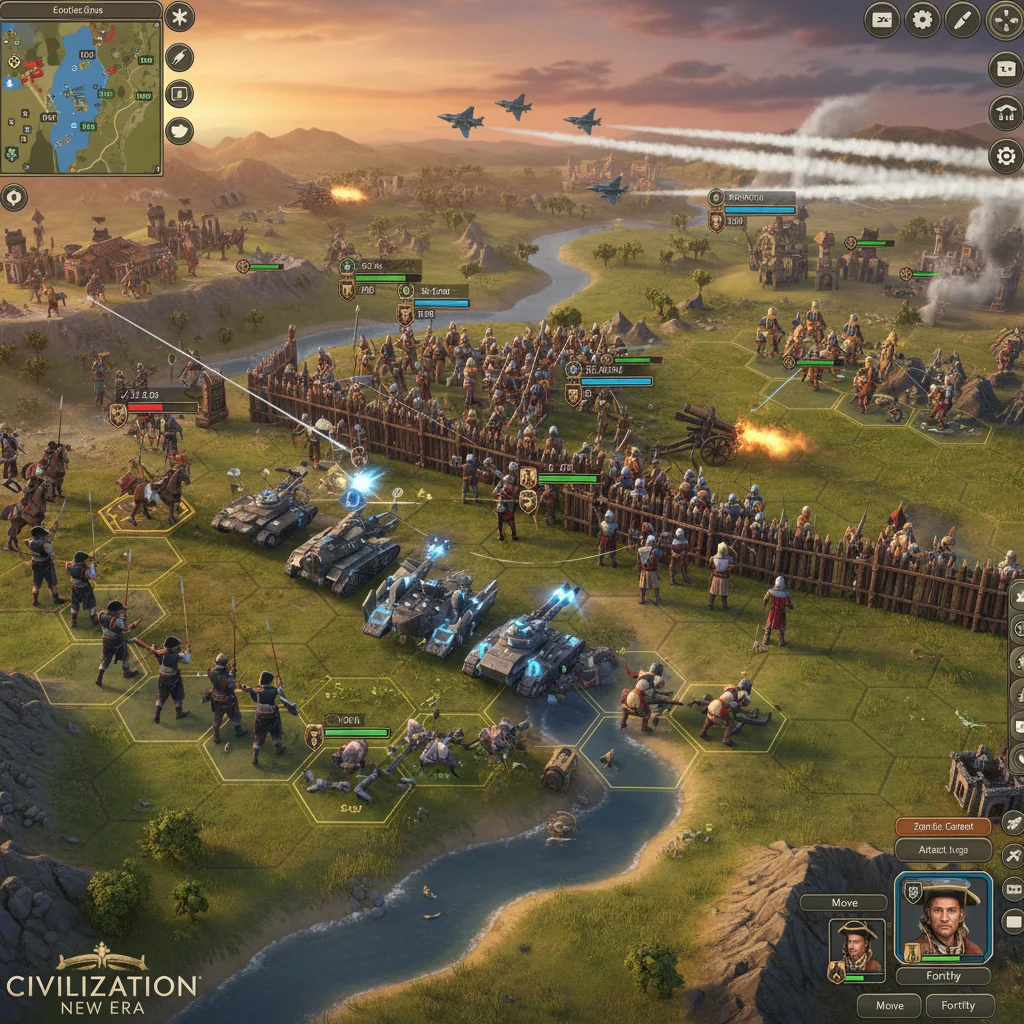 Tactical combat between diverse military units on a battlefield in Civilization: New Era, highlighting strategic warfare.