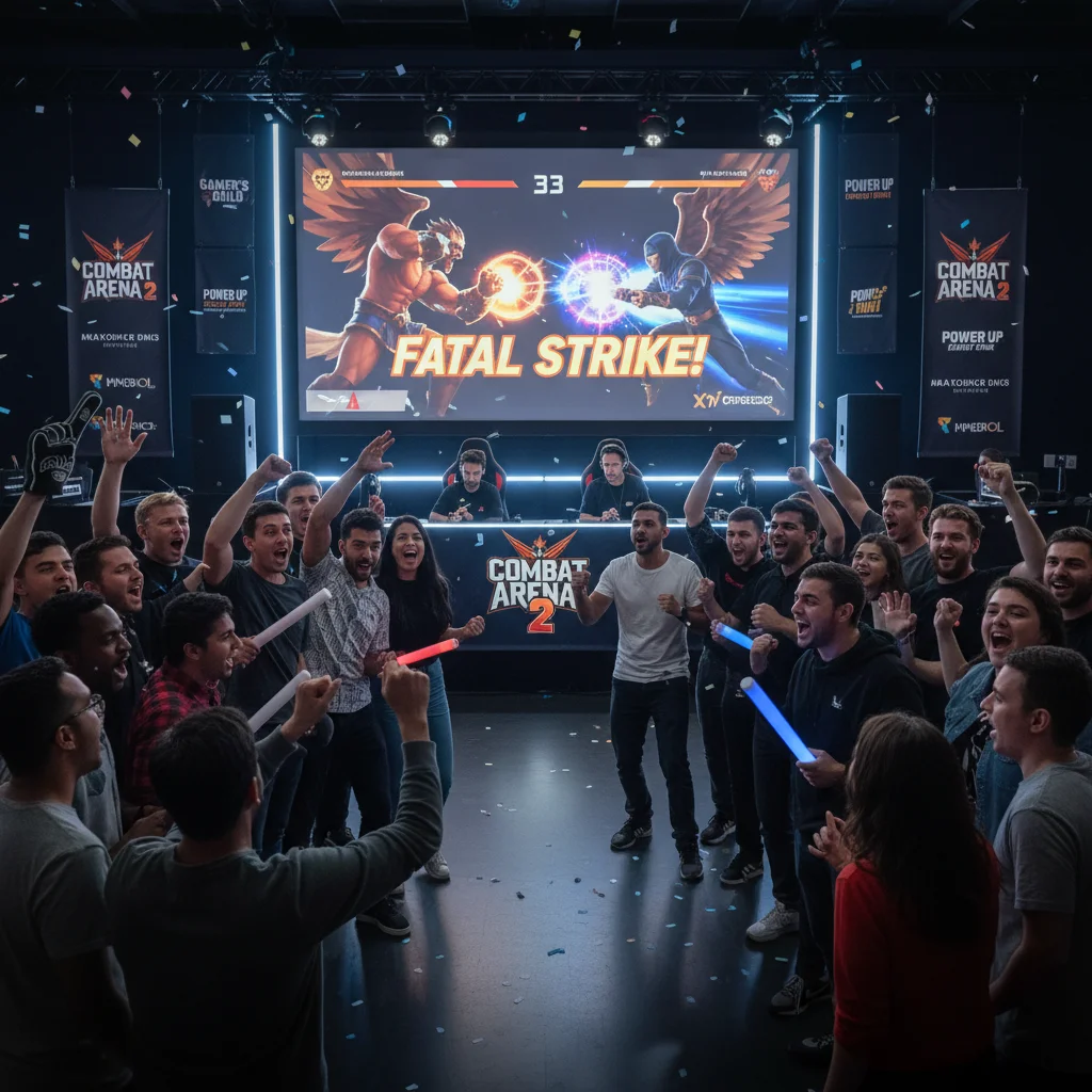 Vibrant community gathering watching a Combat Arena 2 esports match, showing enthusiastic crowd reactions.