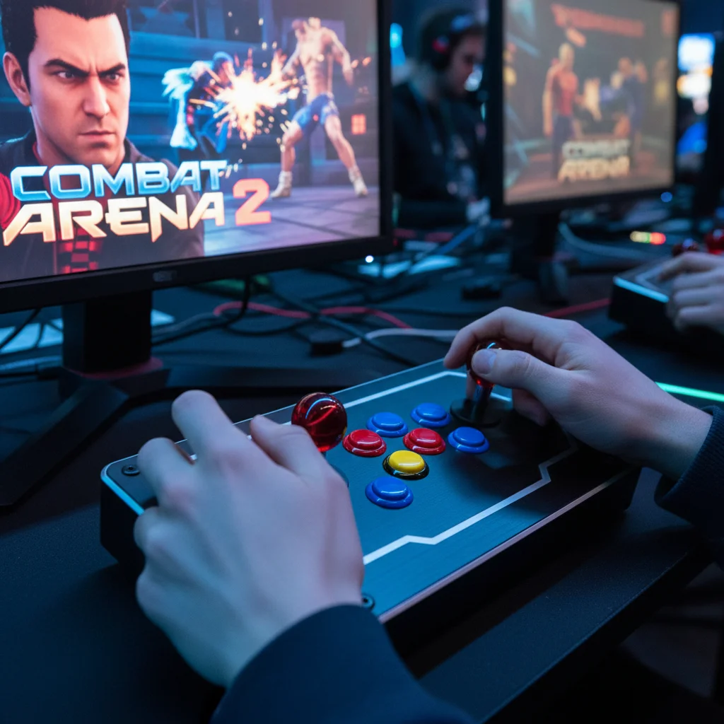 Esports player's hands on a high-end arcade fight stick during a Combat Arena 2 tournament match.