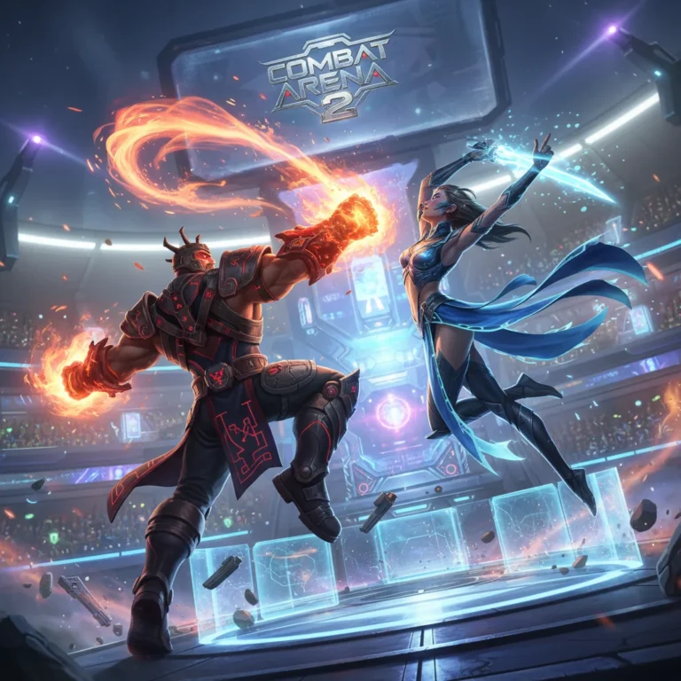 Dynamic in-game battle screenshot from Combat Arena 2, showcasing two characters mid-combo in a futuristic setting.