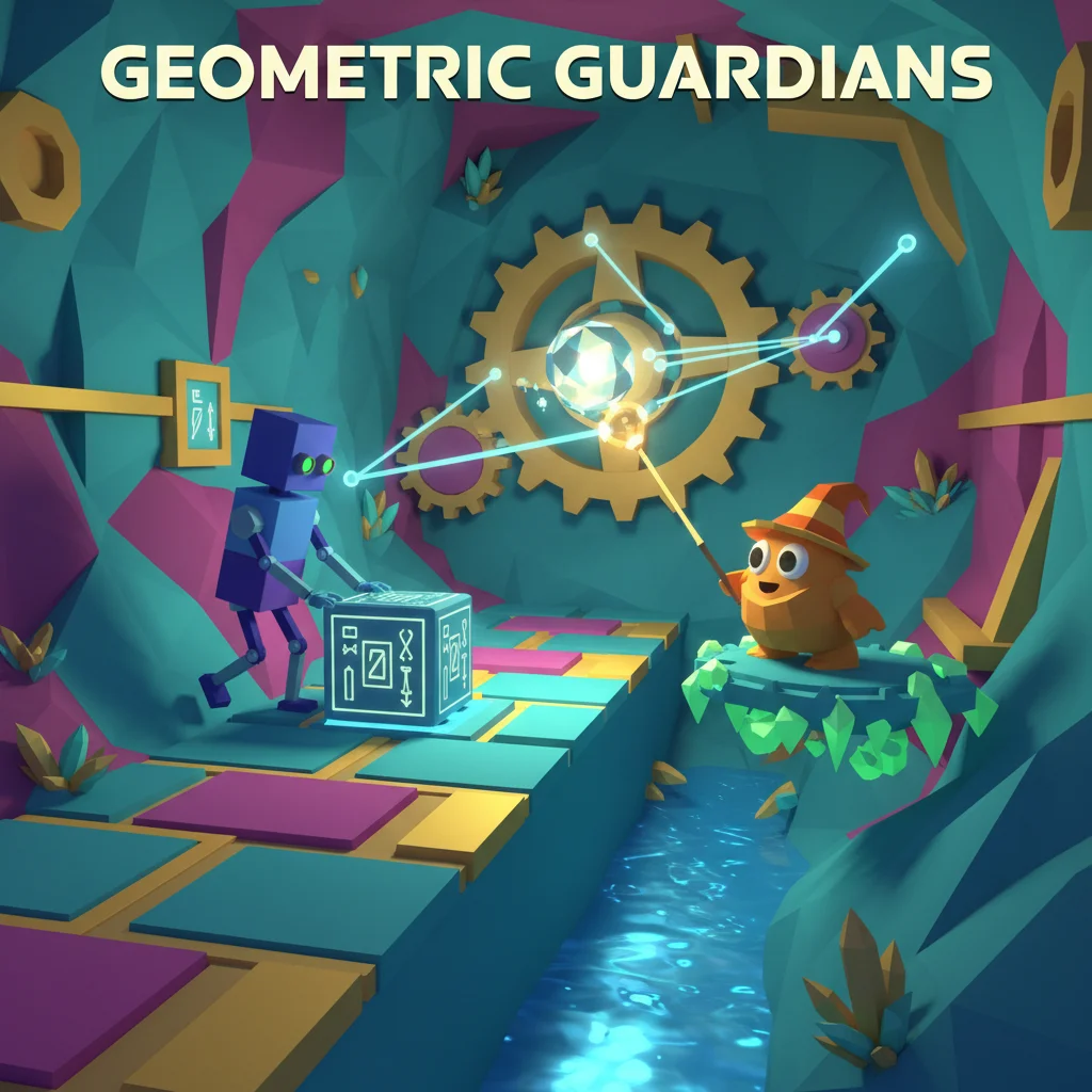 Dynamic low-poly 3D scene from a co-op puzzle-platformer, showing two characters collaborating in a vibrant, geometric cavern.