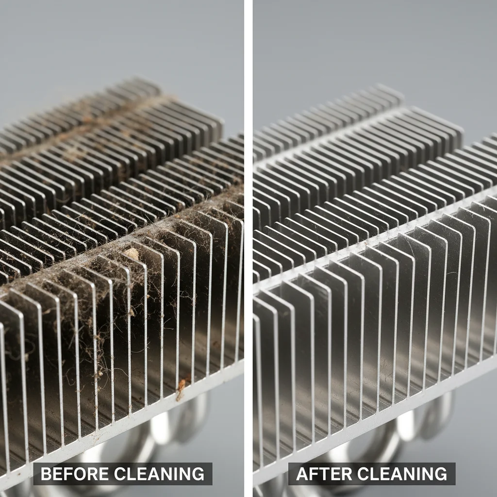 Before and after comparison of a dust-laden CPU cooler versus a meticulously cleaned one, illustrating the importance of regular CPU cooler maintenance for optimal gaming PC performance.