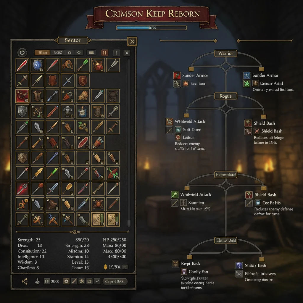 Crimson Keep Reborn inventory and skill tree interface