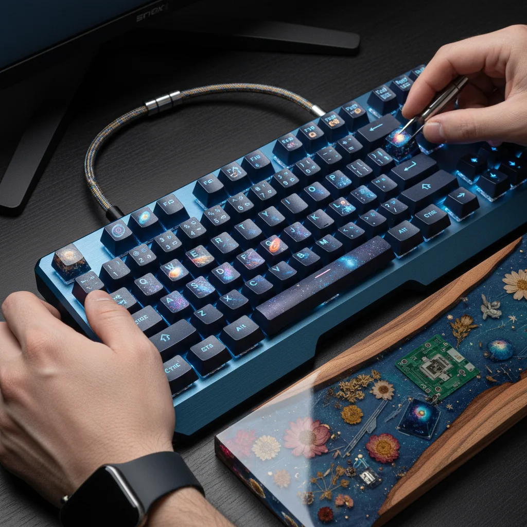 Customised gaming keyboard with unique keycaps, coiled cable, and artistic wrist rest.