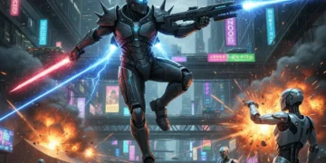 Futuristic soldier battling robots in Cybernetic Uprising, intense action scene.