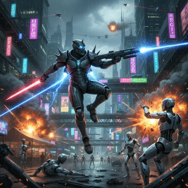 Futuristic soldier battling robots in Cybernetic Uprising, intense action scene.
