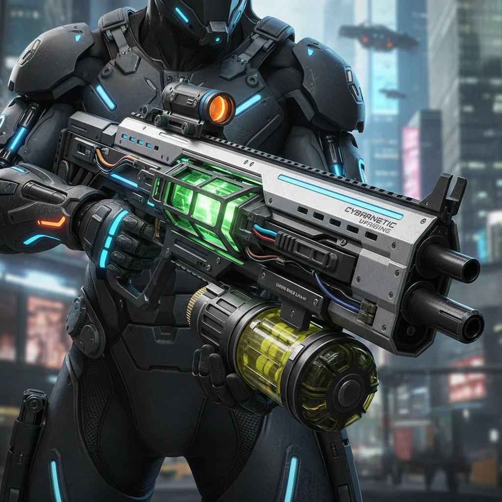 Customisable futuristic weapon from Cybernetic Uprising, detailed view.