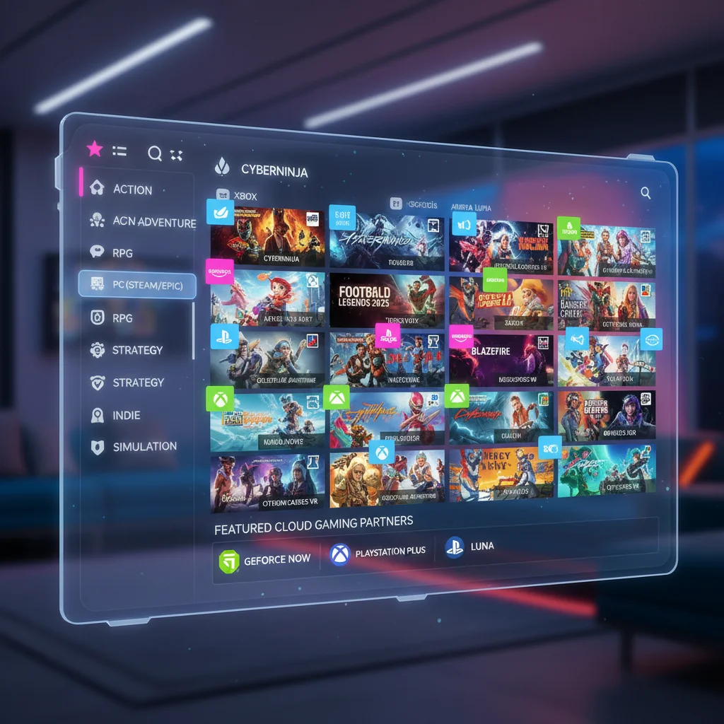 Digital interface displaying a diverse library of cloud gaming titles across multiple platforms.