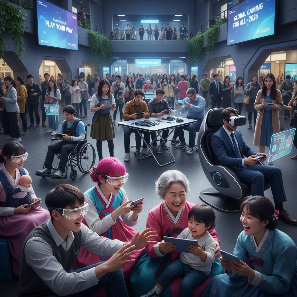 Multigenerational gamers enjoying diverse games on multiple platforms, reflecting shifting demographics.