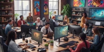 Diverse gaming professionals collaborating in an inclusive office environment.