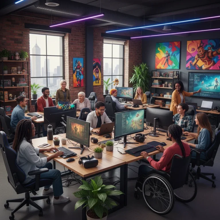 Diverse gaming professionals collaborating in an inclusive office environment.