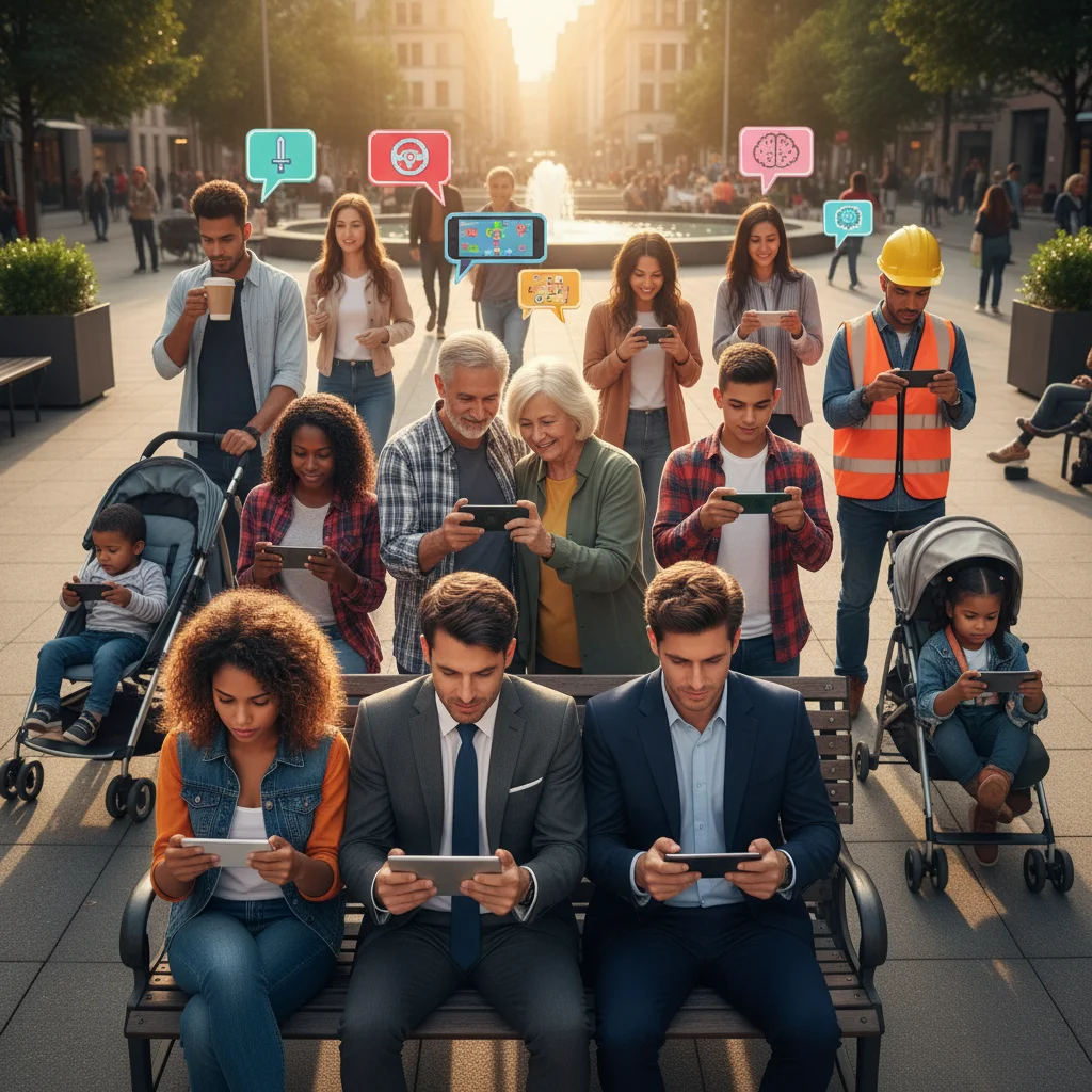 Diverse demographic playing mobile games on smartphones and tablets, showcasing the broad appeal of the mobile gaming market.