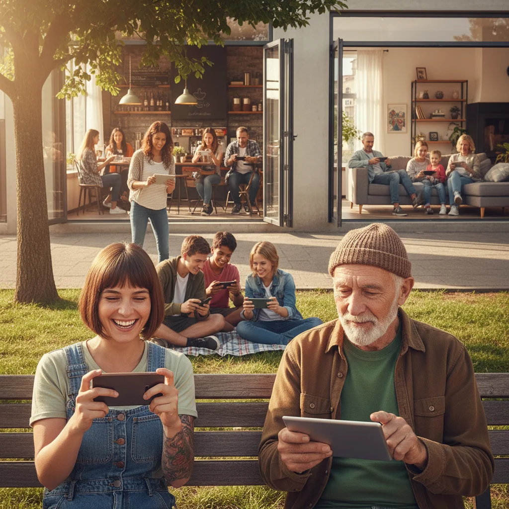 Diverse users engaged in mobile gaming across different casual settings.