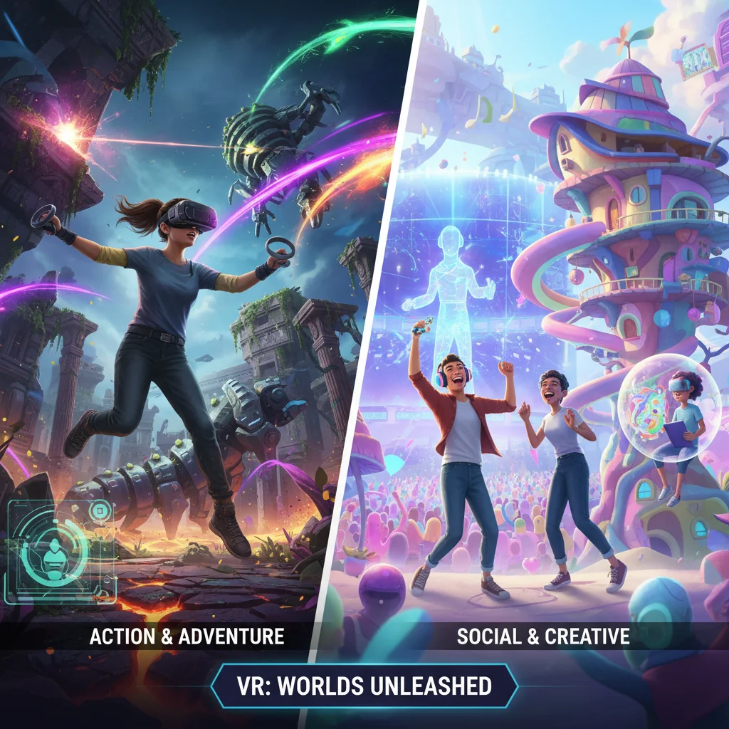 Diverse VR gaming content, from action-adventure to social experiences, reflecting evolving content growth.
