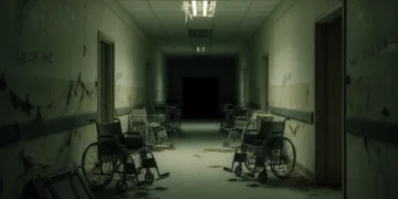 Dreadwood Asylum game screenshot showing a dark, spooky corridor with flickering lights, evoking fear.