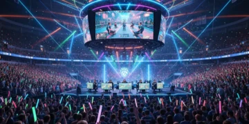 Vibrant e-sports arena filled with cheering fans watching a professional gaming tournament in the USA, highlighting significant E-sports US growth.