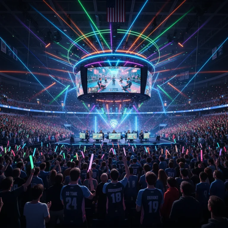 Vibrant e-sports arena filled with cheering fans watching a professional gaming tournament in the USA, highlighting significant E-sports US growth.