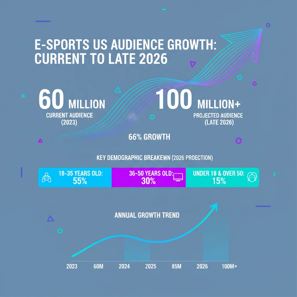 Infographic showing a 25% projected E-sports US audience growth by 2026, detailing demographic shifts and market expansion.